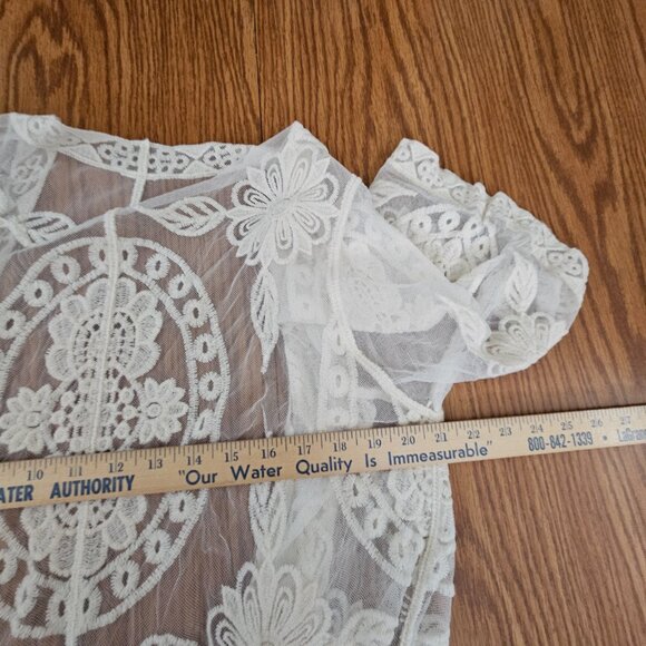 Boho Sheer Embroidered Lace Kimono Cardigan Duster OS Beach coverup Cottagecore - Picture 3 of 5